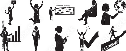 Set of silhouette icons showing business people in various professional settings and actions with silhouette
