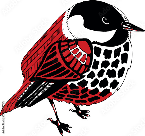 The image shows a decorative illustration of a stylized bird with a black head, a white neck, and red-and-black plumage.