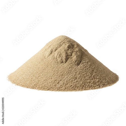 Large mound of dry, beige construction sand with gritty texture and rough peak, isolated against a transparent background in a studio setting, industrial raw material concept