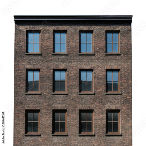 Detailed vintage urban apartment facade, aged dark red brick, symmetrical 4x3 windows, dark sashes, cornice, isolated on white, sharp midday sun, architectural heritage concept