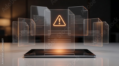 Digital file security alert featuring glowing orange warning signs on holographic documents floating over a tablet screen for enterprise data risk management and cybersecurity protection