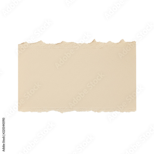 Beige cardstock fragment with ripped, curled edges and smooth blank copy space, isolated on a bright white studio background with soft natural lighting, high detail minimalist backdrop for design