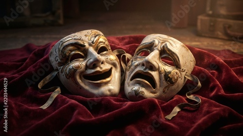 Classic Comedy and Tragedy Theatrical Masks on Red Velvet Fabric