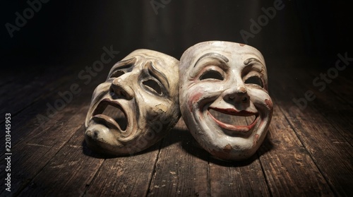 Comedy and Tragedy Masks on Wood: Theatrical Representation of Joy, Sadness, and Human Emotions with Dramatic Lighting