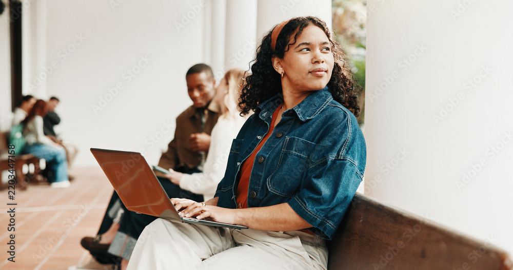 Obraz premium University, thinking and woman with laptop at campus for class schedule, assignment and essay idea. Student, reflection and person on computer for research, learning or planning for college education