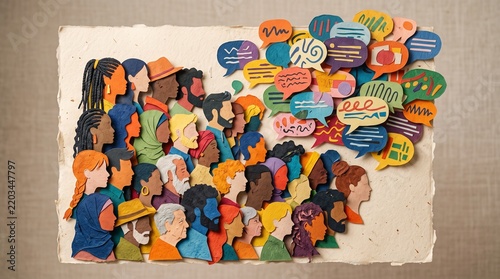 Diverse group of people with colorful paper craft speech bubbles