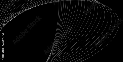 Abstract curved wave lines create an elegant flowing pattern across a black background, forming a dynamic geometric