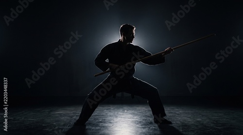 Martial artist holding wooden bo staff in a dramatic dark silhouette