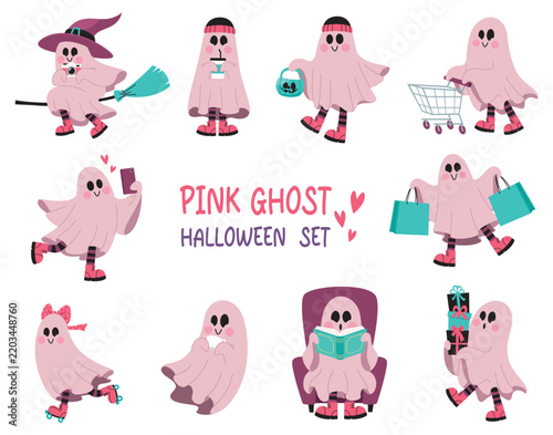 Cute Pink Ghost Halloween Character Set with Fun Activities Cartoon Illustration