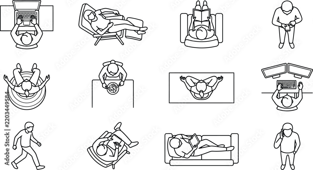 Fototapeta premium Set of People Activities Icons Top View Flat Line Illustration for Workplace and Home Lifestyle Design