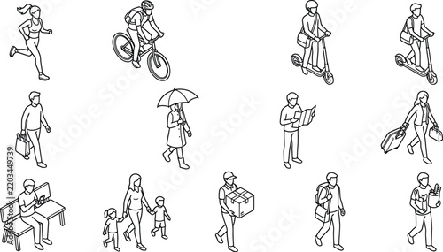 Isometric People Set Line Art Icons for Urban Lifestyle Daily Activities and Commuting Illustration Vector Graphic