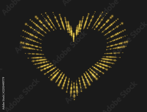 Golden heart shape formed by glowing particles and radiant light trails on dark background.