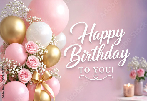 Beautiful birthday celebration with pastel balloons roses and decorative elements