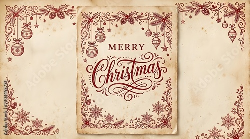 Vintage merry christmas greeting card with hand drawn ornaments and snowflakes on aged paper