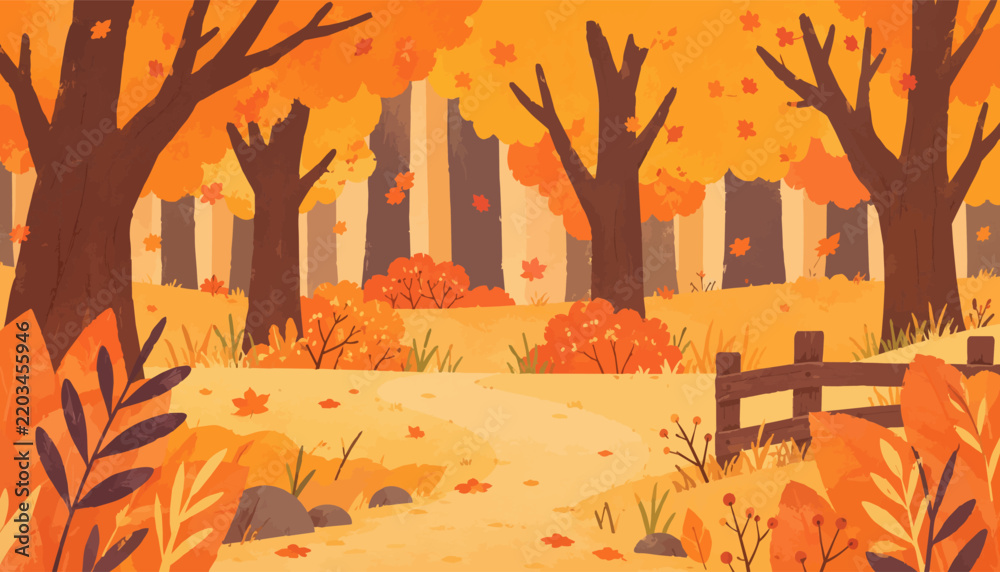 Naklejka premium Hand Drawn Autumn Forest Path with Warm Fall Foliage and Rustic Fence.eps