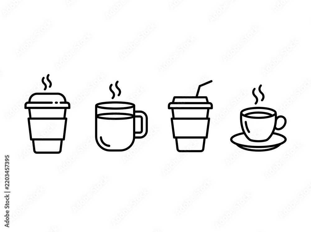 Fototapeta premium Four stylish black and white coffee cup icons with steam.