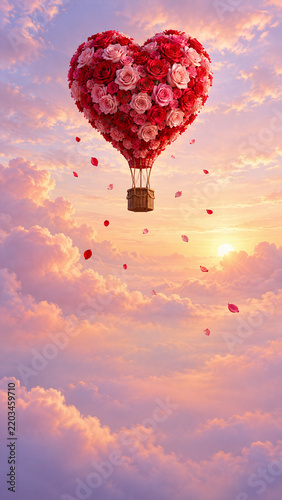 Heart shaped hot air balloon made of red roses floating in a pastel sky, surreal Valentine's Day
