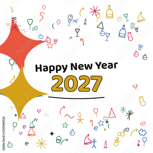 Happy New Year 2027 Transparent PNG Poster · Festive Celebration Design with Bold Typography, Vibrant Doodles, Party Icons, and Abstract Geometric Shapes for Creative Inspiration