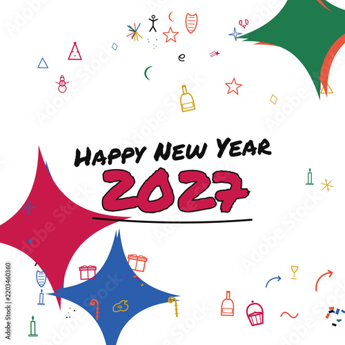  Transparent Happy New Year 2027 Celebration Poster · Festive Abstract Artwork Featuring Bold Typography, Vibrant Geometric Shapes, Playful Line Art, Whimsical Party Icons,