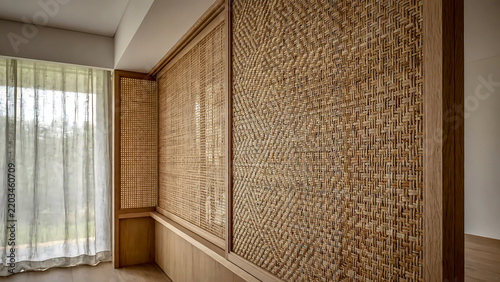 Woven rattan wall panel featuring a natural grain pattern, set in a cozy, sun-drenched room with sheer curtains, natural interior design, and architectural details.