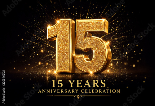 Fifteen Years Anniversary Celebration Golden Sparkling Number Design