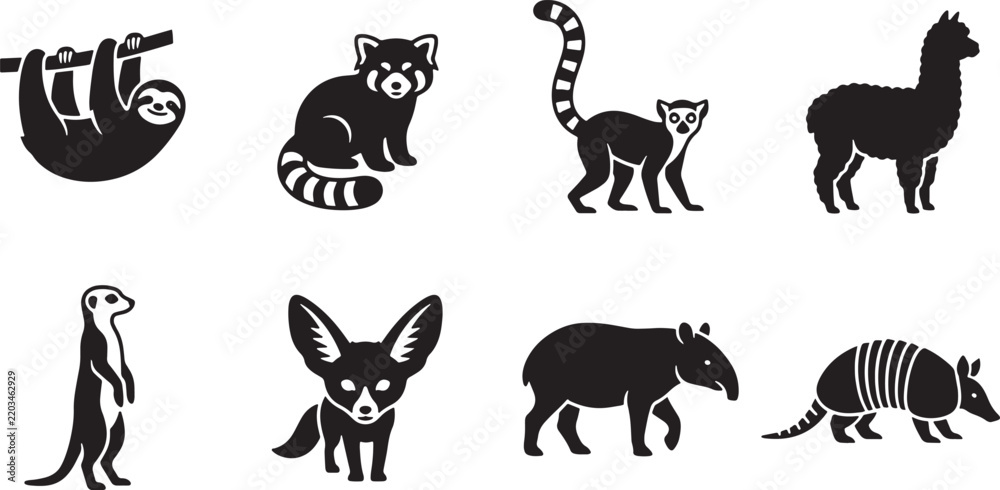 Obraz premium Set of exotic animals silhouette icons including sloth and lemur for wildlife study design projects.