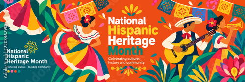 National Hispanic Heritage Month Banner with Traditional Dancers Vector