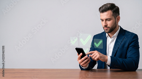 Businessman using smartphone with digital checkmark icons representing approval, success, and task completion