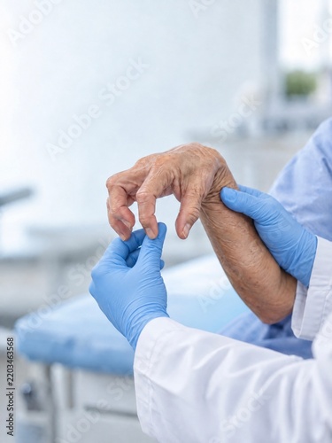 Doctor examining severe hand deformity and rigidity in elderly patient