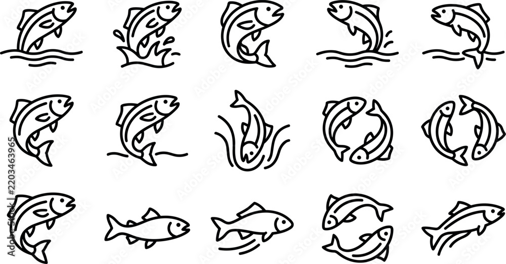 Obraz premium Fish jumping and salmon fishing line icon set with swimming trout sea seafood marine life aquatic nature and angling hobby vector symbols