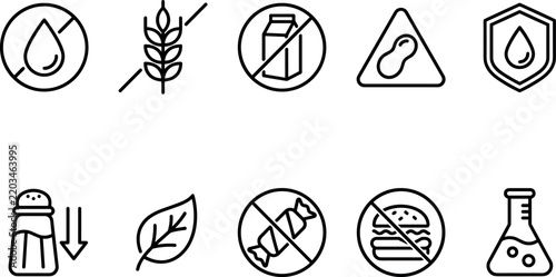 Fotografie Food allergy warning and dietary restriction line icon set with gluten free dair
