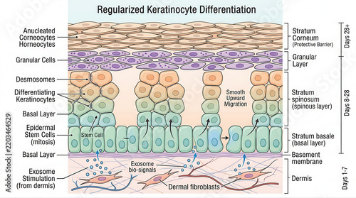 Regularized Keratinocyte Differentiation Illustration, featuring exosome serum, skin biology, epidermis, cell layers, stem cells, granular cells, basal layer