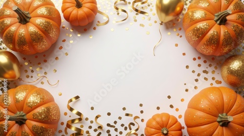 Orange pumpkins with gold glitter accents and festive confetti on a white background with copy space