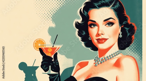 Retro illustration of a glamorous woman in a black dress holding a cocktail with an orange slice