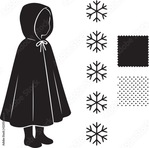 Child in hooded winter cloak with snowflake patterns for seasonal clothing design and print crafts.