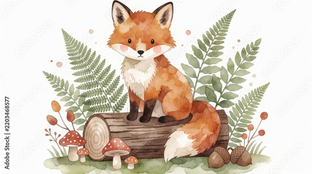 Obraz premium Cute watercolor fox sitting on a wooden log surrounded by ferns and mushrooms on a white background