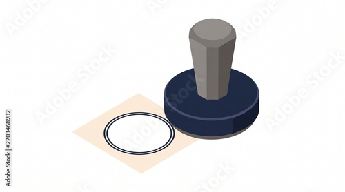 Isometric view of a round rubber stamp pressing down on a document with official seal
