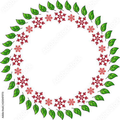 Christmas Leaf Frame with Red Snowflakes and Festive Holiday Border