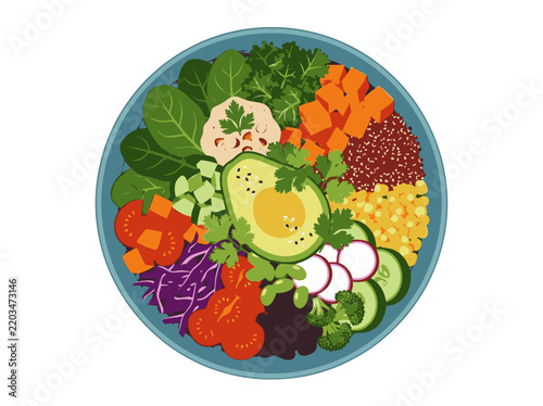 Top view vector illustration of fresh vegetable buddha bowl with avocado and greens