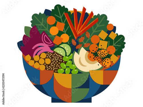 Colorful buddha bowl vector illustration featuring fresh mixed vegetables