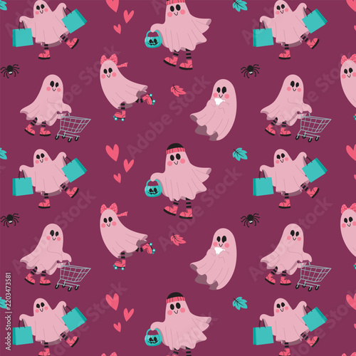 Cute Pink Ghost Halloween Seamless Pattern with Shopping Characters