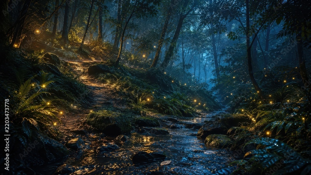 Fototapeta premium Dark blue enchanted forest desktop wallpaper, glowing fireflies, mossy stream texture