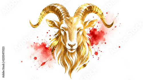 Abstract silhouette of a goat head made of gold foil on white watercolor background