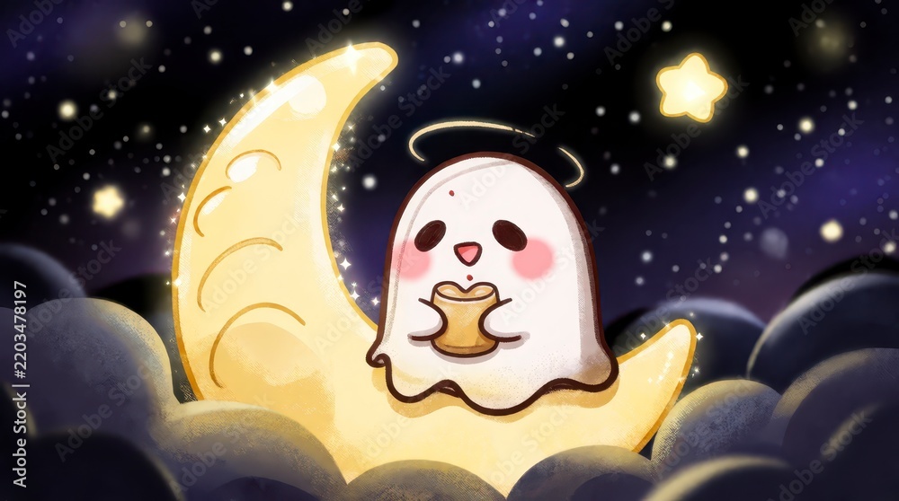 Obraz premium Cute cartoon ghost with a halo sitting on a crescent moon eating bread in a starry night sky