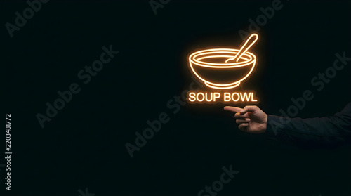 Human hand pointing toward glowing neon soup bowl icon against dark background