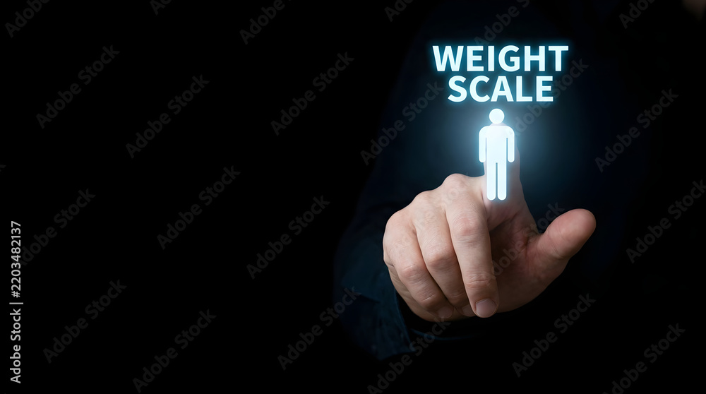Obraz premium Person touching weight scale digital interface icon against dark background