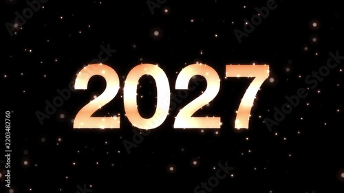 黒背景に無数の光の粒とともに2027の数字がローズゴールドの金属光沢で輝く4Kシームレスループ 年賀素材