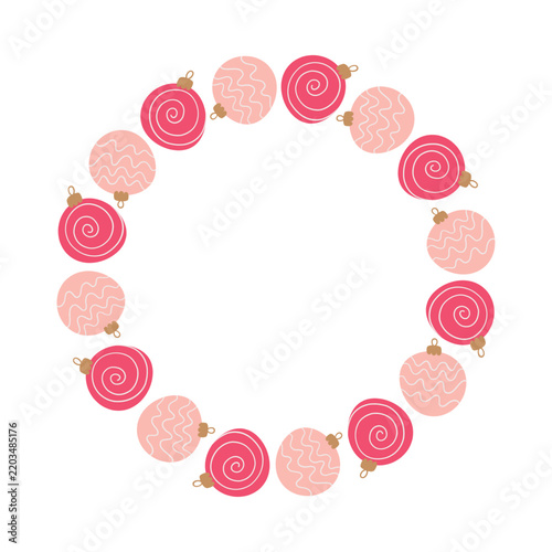 Christmas frame with pink baubles wreath border for holiday card background