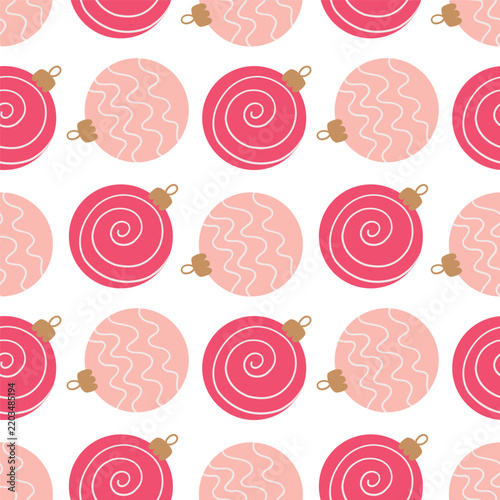 Christmas seamless pattern with pink spiral baubles background for holiday design