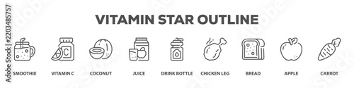 Vitamin Star Outline with icon of Smoothie, Vitamin c, Coconut, Juice, Drink bottle, Chicken leg, Bread, Apple, Carrot